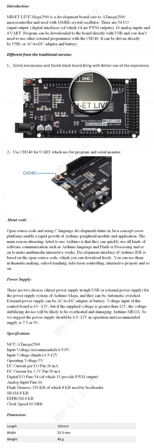 Mega Board 2560 CH340G ATmega2560-16AU Micro USB. Arduino Compatible - Imagen 6
