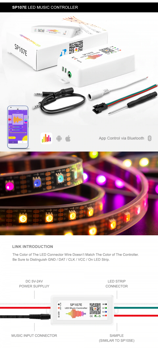 Controlador musical SP107E para cintas LED WS2812B/11 Bluetooth RGB/RGBW - Imagen 15