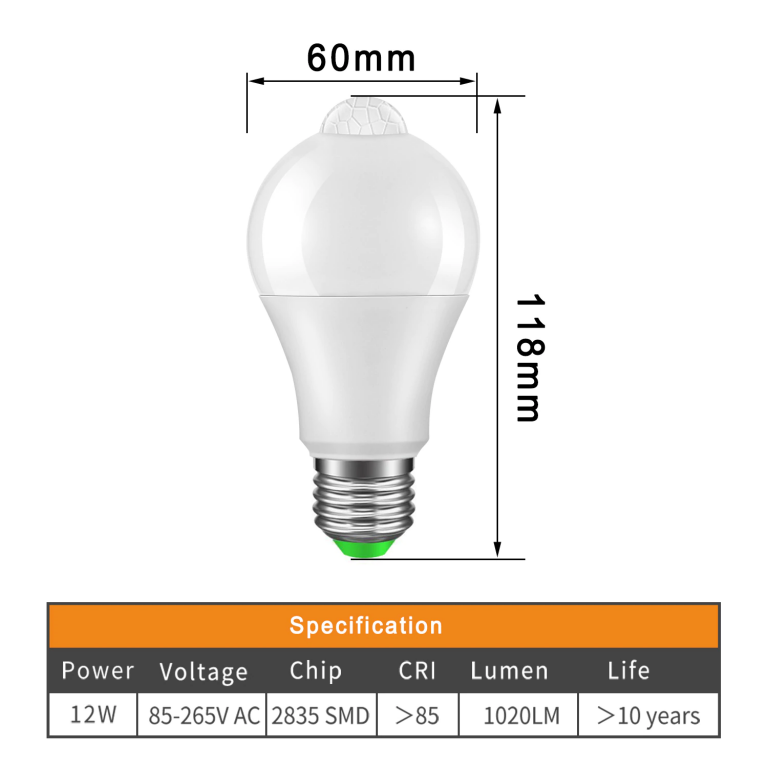 Ampolleta LED con sensor de movimiento PIR IP42 E27 12W 110-220VAC - Imagen 5