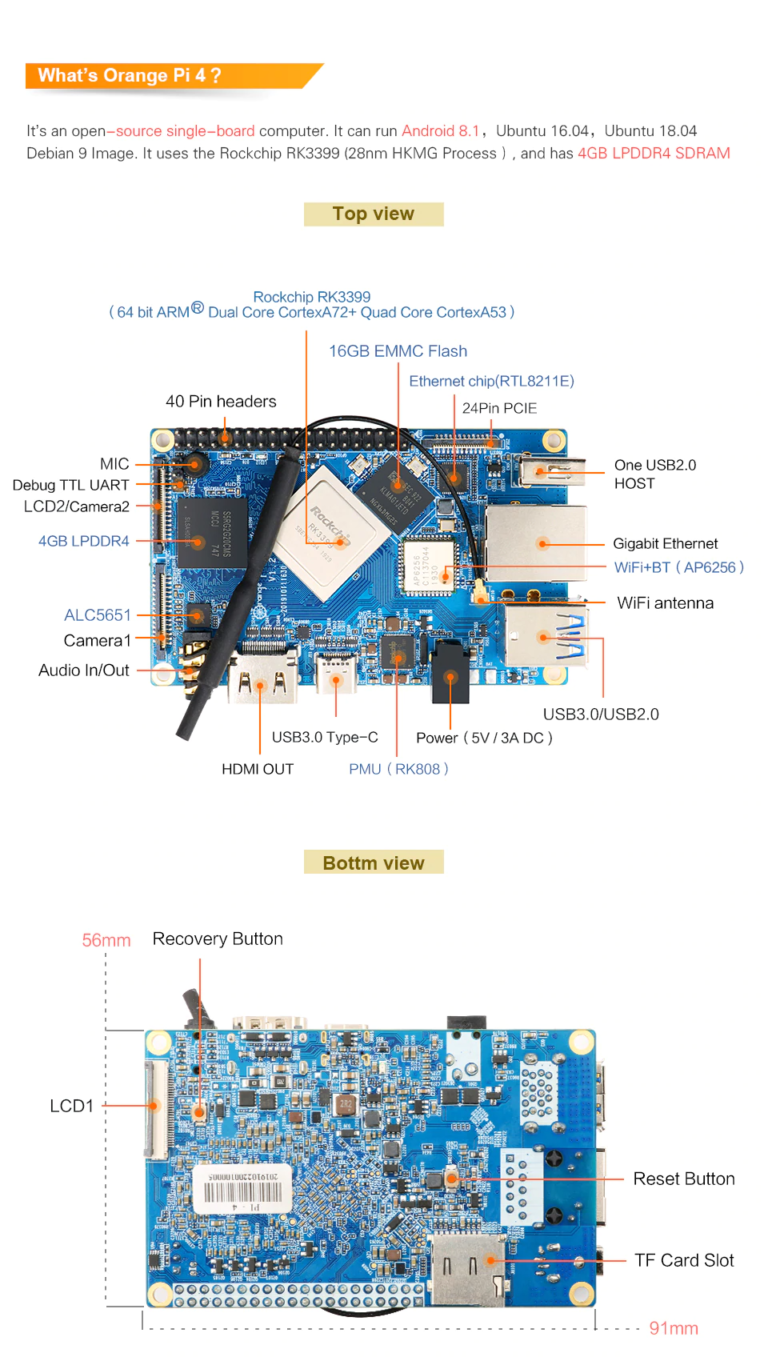 Orange Pi 4 4GB DDR4+16GB EMMC Flash Rockchip RK3399 - Imagen 2