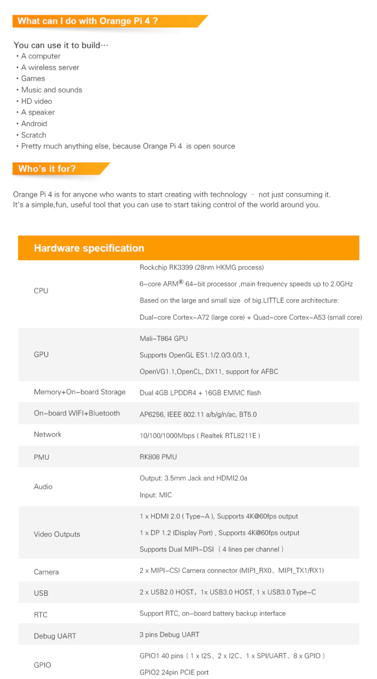 Orange Pi 4 4GB DDR4+16GB EMMC Flash Rockchip RK3399 - Imagen 3