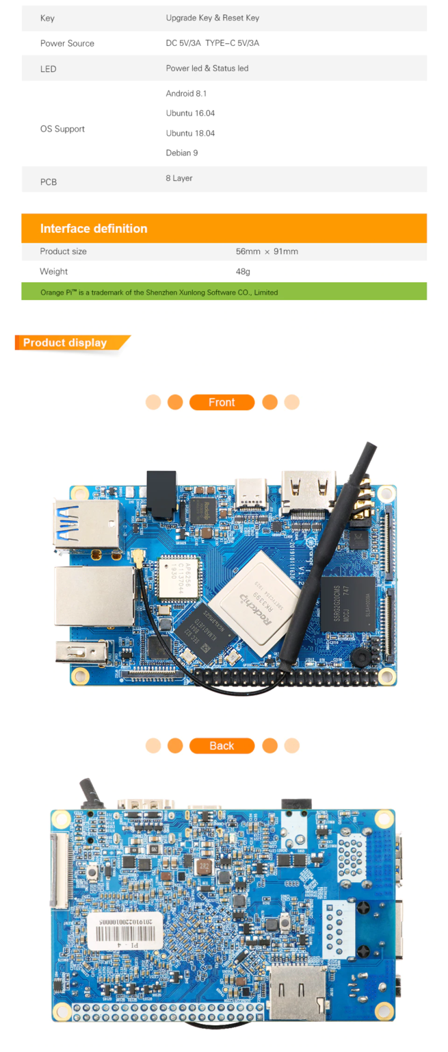 Orange Pi 4 4GB DDR4+16GB EMMC Flash Rockchip RK3399 - Imagen 4