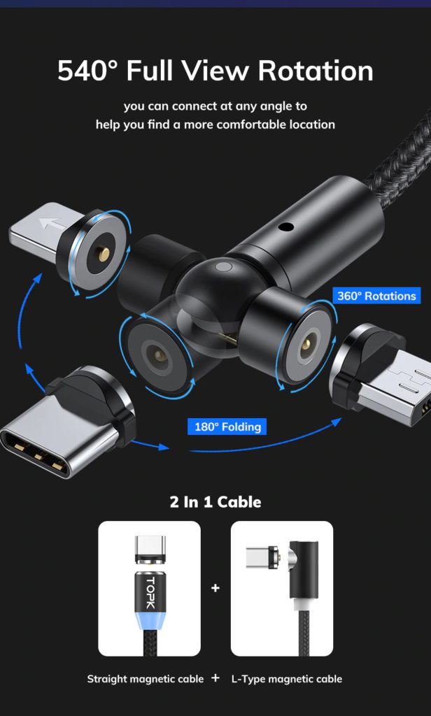 Cable cargador USB Tipo C magnético/rotable 1m