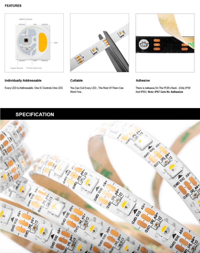 Cinta LED RGBW 5m IP30 SK6812 60 Leds/m 5VDC